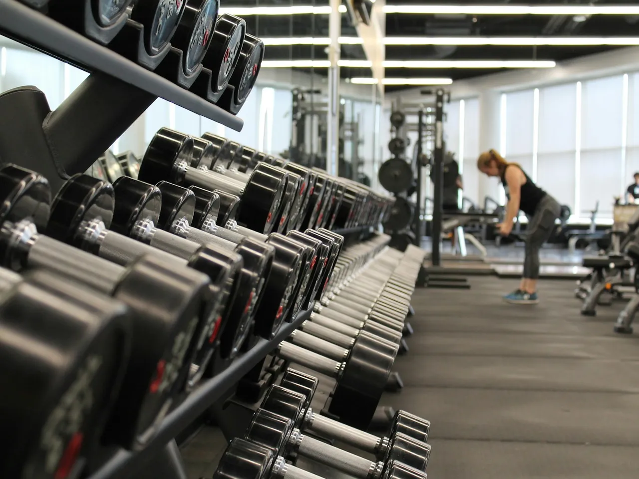 Weights and strength-training equipment in a gym